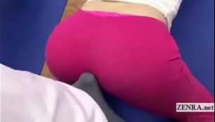 Asian in yoga pants is dry humped by instructor